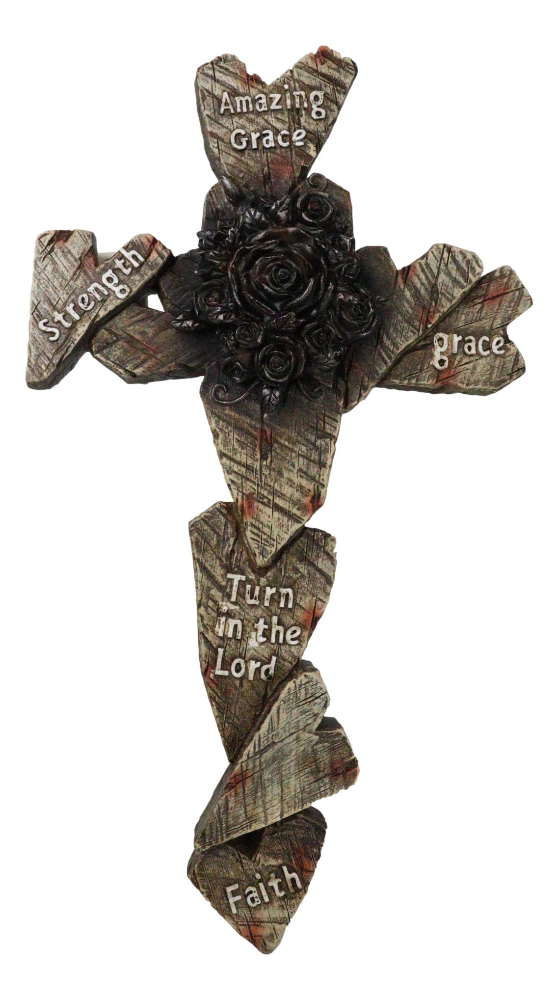 Rustic Amazing Grace Strength Faith Blooming Roses Faux Wood Hearts Wall Cross - Ebros Gift