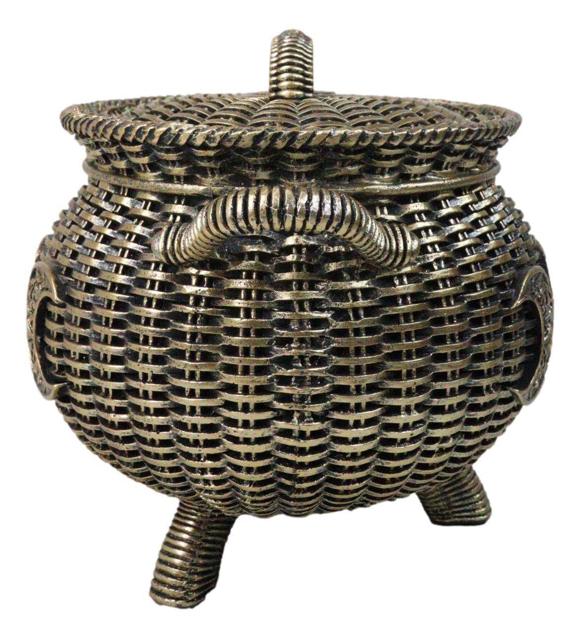 Wiccan Triple Moon Cauldron Pot In Wicker Finish Decorative Trinket Crystals Box - Ebros Gift