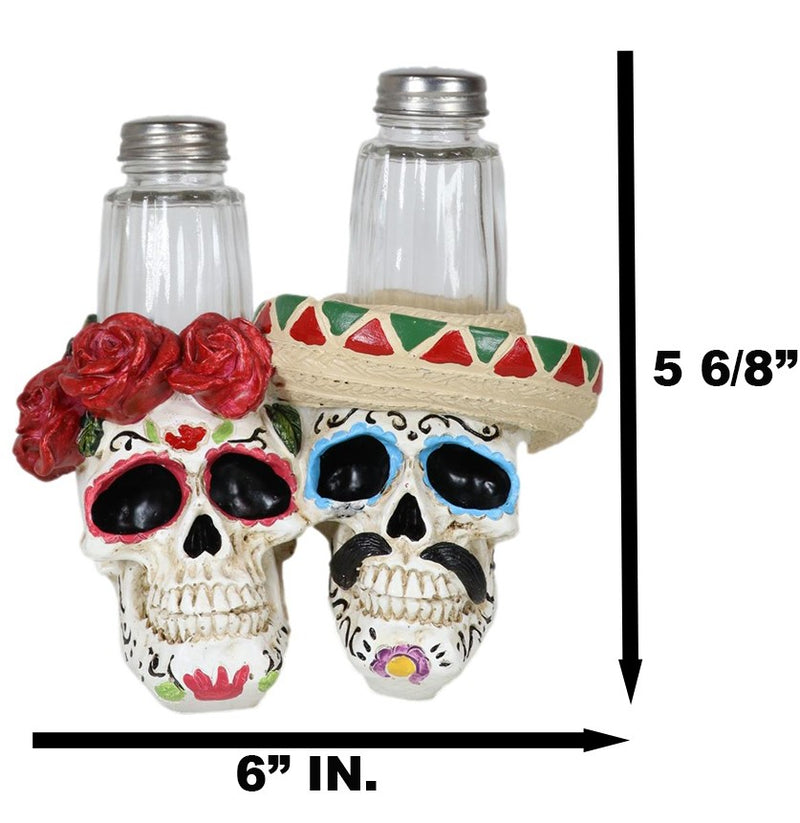 Day Of The Dead Sugar Skulls Roses And Sombrero Hat Salt & Pepper Shakers Holder