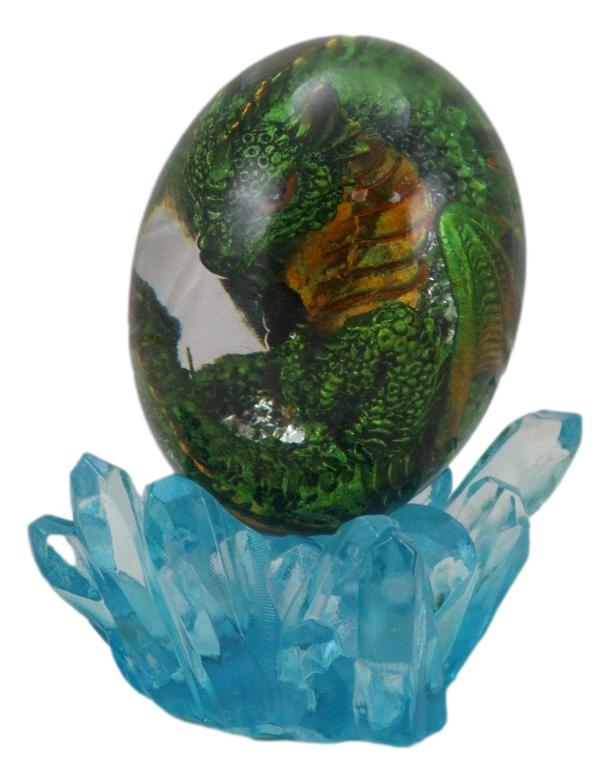 Green Fossil Dragon Hatchling Sleeping in Crystal Acrylic Glass Egg Figurine