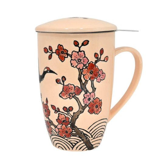 Beige Crane Flowers 15oz Porcelain Tea Mug With Lid And Stainless Steel Infuser