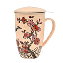 Beige Crane Flowers 15oz Porcelain Tea Mug With Lid And Stainless Steel Infuser