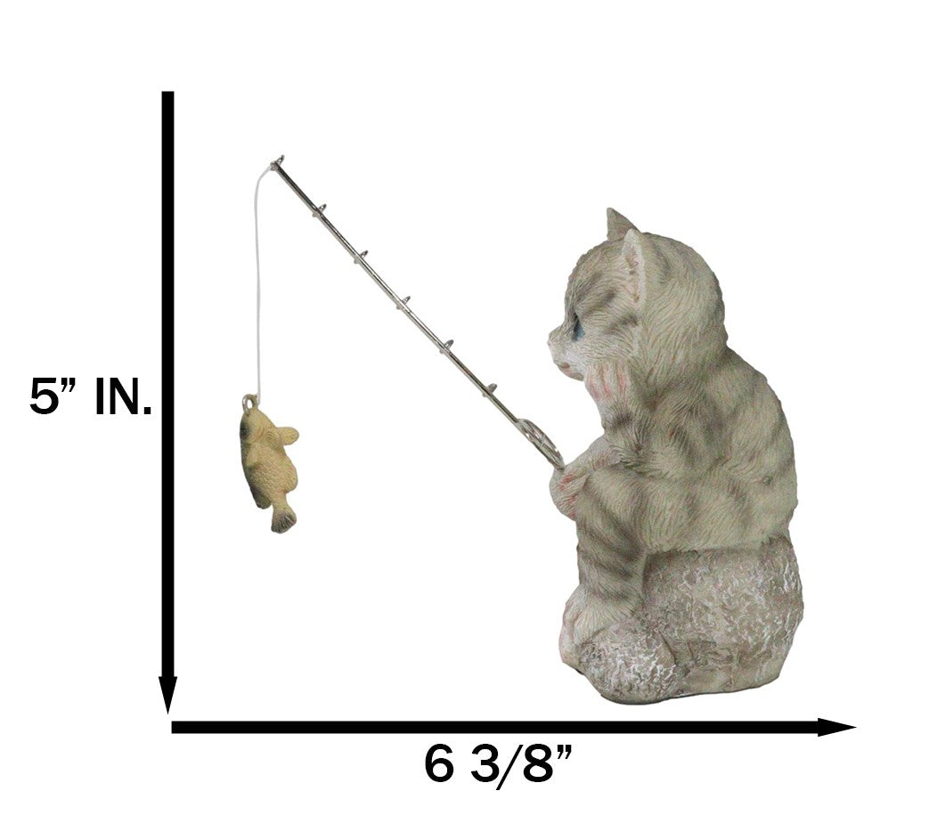 Lifelike Grey Tabby Cat Sitting by Pail of Fishes And Pole Fishing Figurine