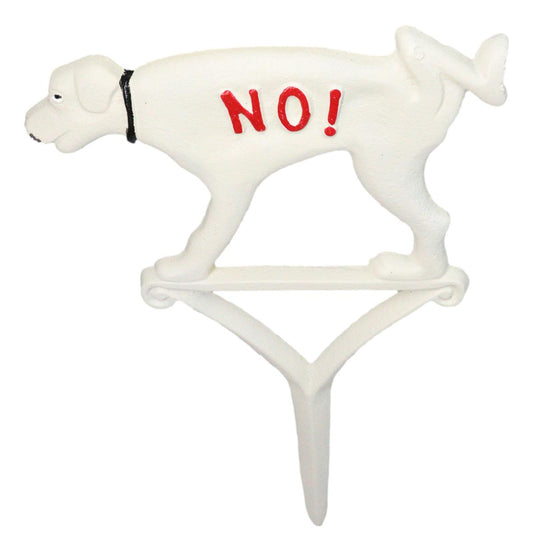 Cast Iron Keep Off The Grass No! Peeing Dog White Garden Stake Sign 12"H - Ebros Gift