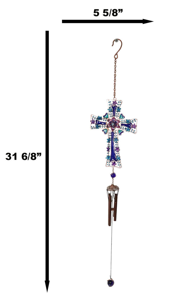Blue Floral Aquamarine Cross With Gemstones Metal Scroll Filigree Wind Chime