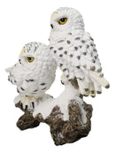 Mystical Tundra Forest Snow White Owls Couple On Tree Branch Figurine 6"H