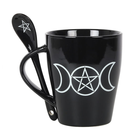 Wicca Sacred Triple Moon Pentagram Circle Ceramic Mug And Pentacle Spoon Set - Ebros Gift