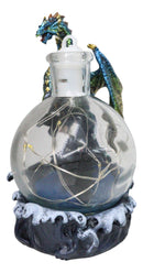 Metallic Frozen Sea Dragon Rising Above Waves by Glass Bottle With Ship Figurine