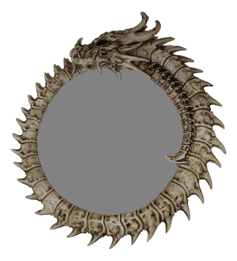 16"H Gothic Spiked Skeleton Skeletal Bone Dragon Round Wall Mirror Plaque Decor