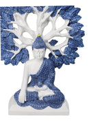 Meditating Buddha with Tree of Life Blue & White Gautama Buddha Figurine 9.5"H