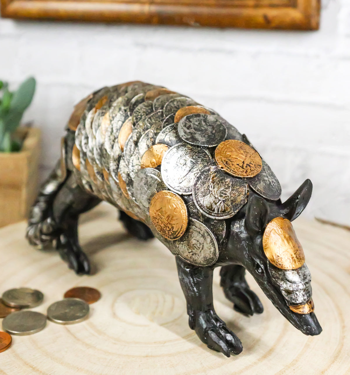 Western Rustic Armadillo With Engraved Coins Armor Money Savings Piggy Bank - Ebros Gift