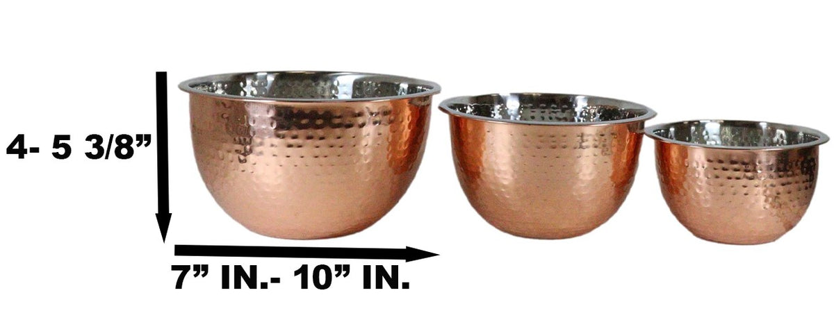 Set Of 3 Round Hammered Stainless Steel Serving Or Mixing Bowls Copper Finish
