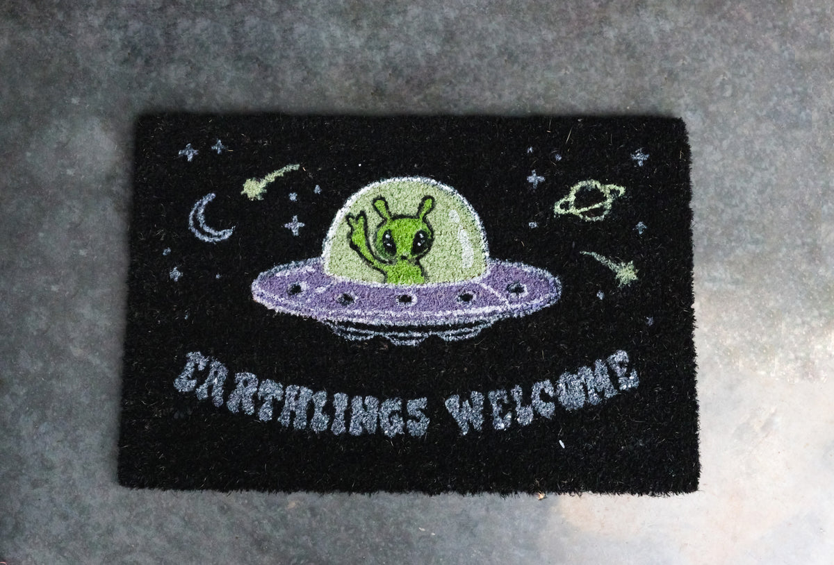 Ebros Earthlings Welcome Alien UFO Spaceship Black Coir Doormat 24 x 16 Inches
