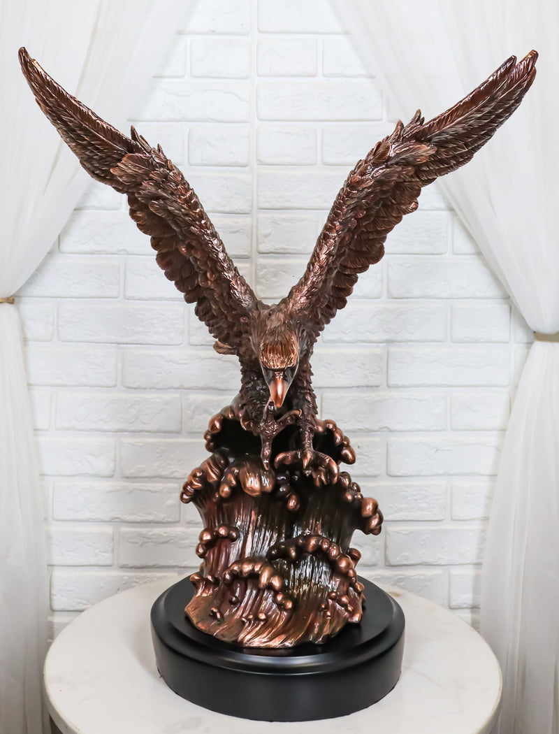 Patriotic Bald Eagle Swooping Into Ocean Waves Bronzed Resin Figurine With Base