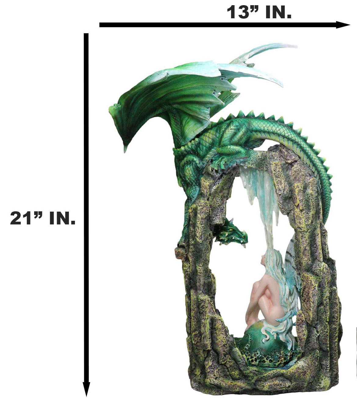 Large Elf Fairy With Green Emerald Dragon by Ice Crystals Stone Arch Statue