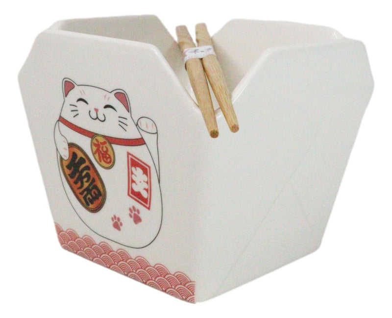 Maneki Neko Lucky Cat Asian Takeout To Go Box Serving Bowl With Chopsticks Set