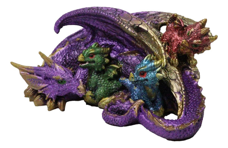 Magic Purple Mother Dragon Protecting Her Colorful Hatchling Babies Figurine