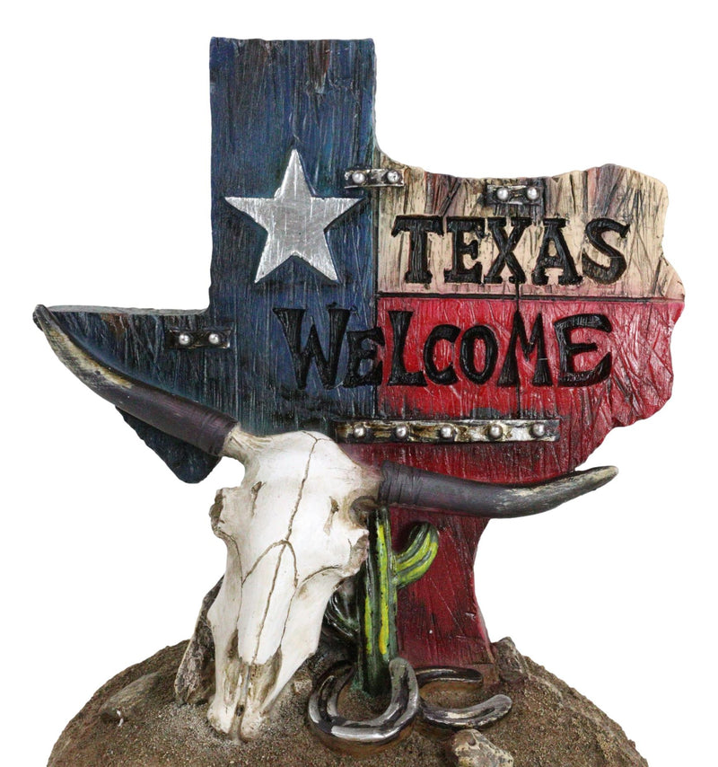 Western Welcome State Of Texas Map With Horseshoe And Longhorn Skull Figurine