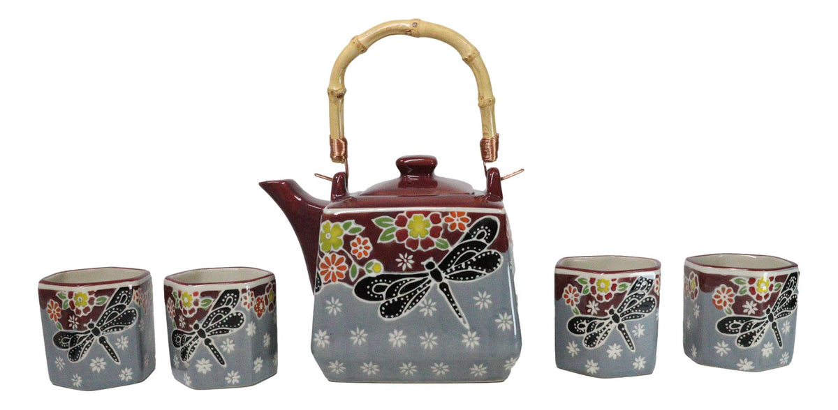 Maroon Grey Tombo Dragonfly With Flowers Hexagonal Teapot With 4 Tea Cups Set