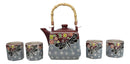Maroon Grey Tombo Dragonfly With Flowers Hexagonal Teapot With 4 Tea Cups Set