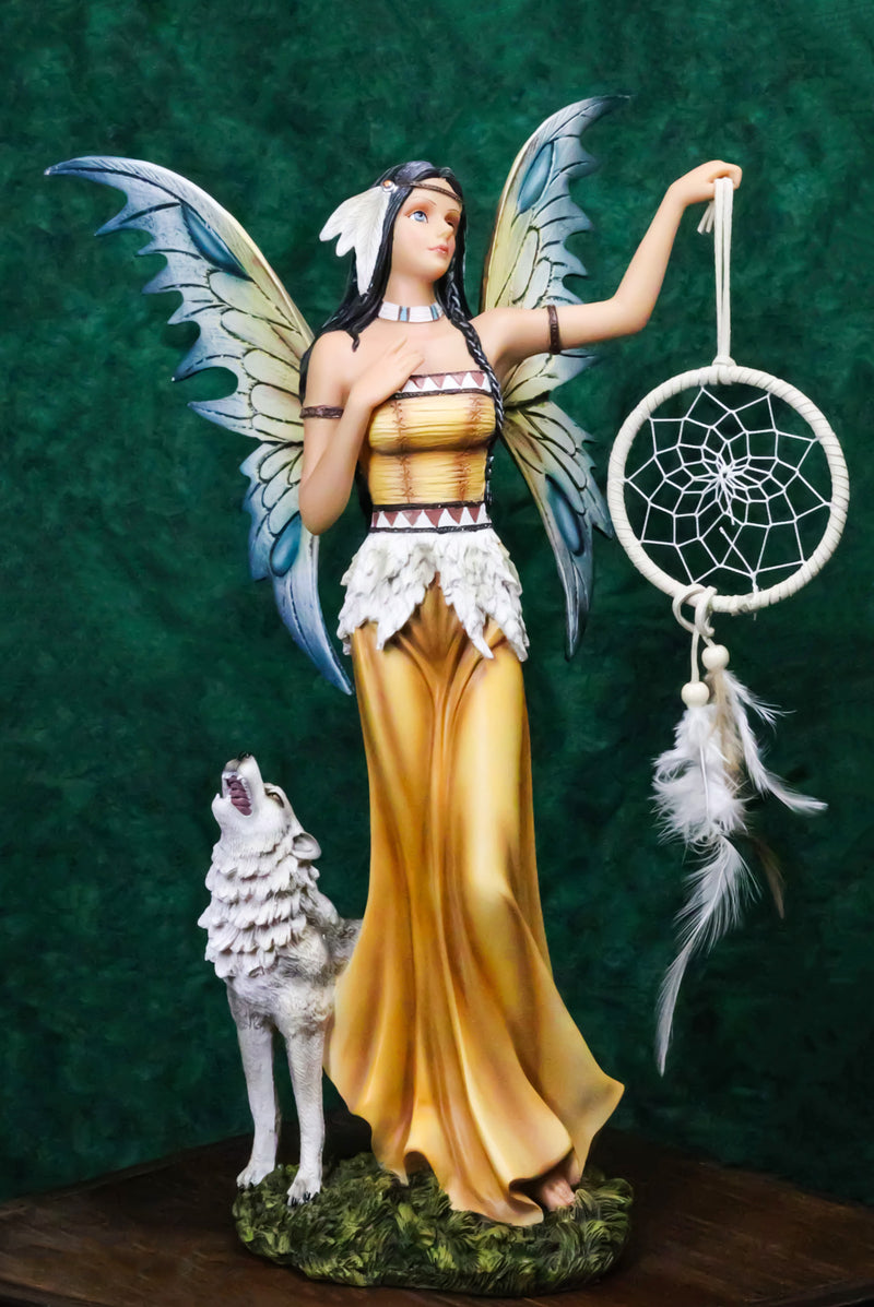 Large Native Indian Fairy Pocahontas Holding Dreamcatcher With Grey Wolf Statue