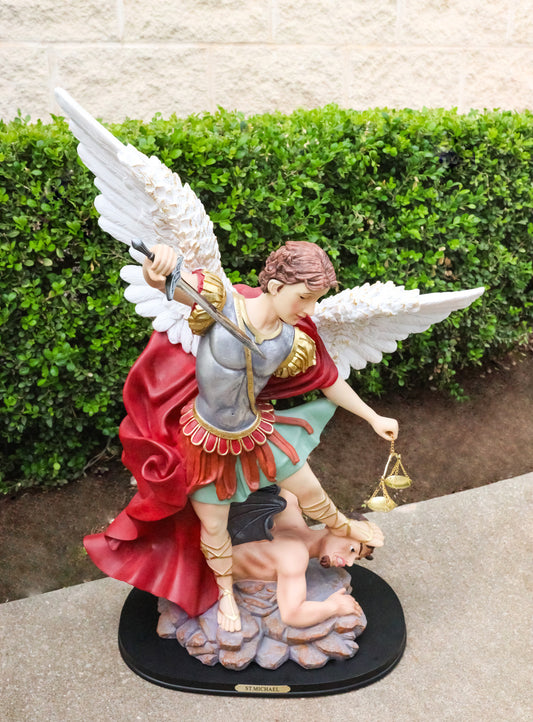 Large Archangel Saint Michael With Judgement Sword Crushing Satan Statue 24"H