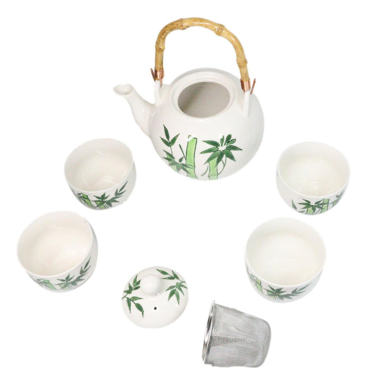 Green Bamboo Forest Porcelain 30oz Teapot With Bamboo Handle And 4 Tea Cups Set