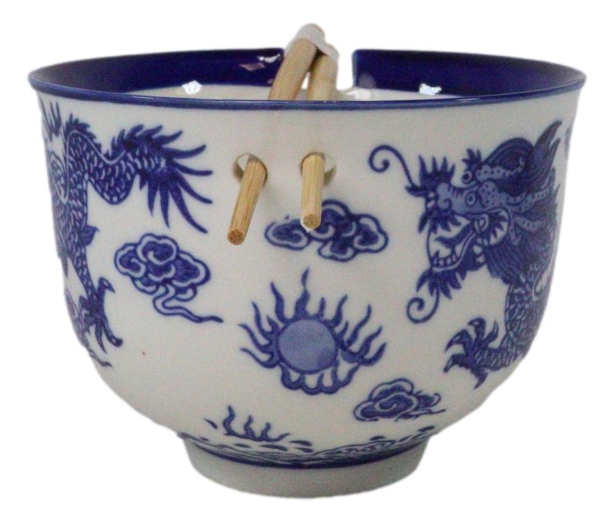 Blue White Oriental Dragon King Ceramic Donburi Ramen Bowl With Chopsticks Set - Ebros Gift