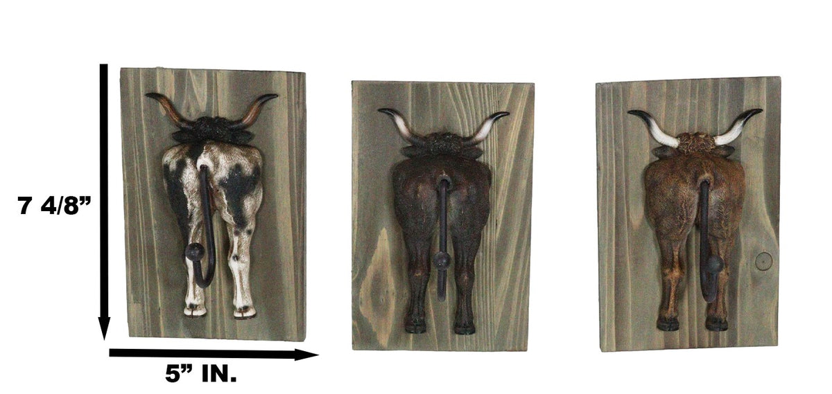 Set of 3 Rustic Western Steer Bulls Hind Butt Coat Wall Hooks With Wooden Plaque