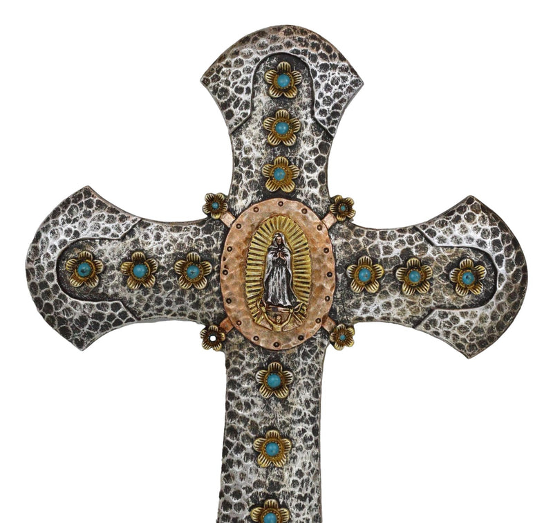 Catholic Lady Of Guadalupe Mary With Turquoise Gems Hammered Pattern Wall Cross