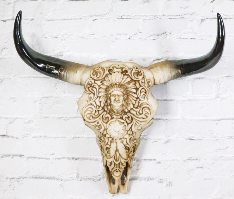 Southwestern Tribal Buffalo Skull Tribal Indian Chief Scrollwork Wall Decor