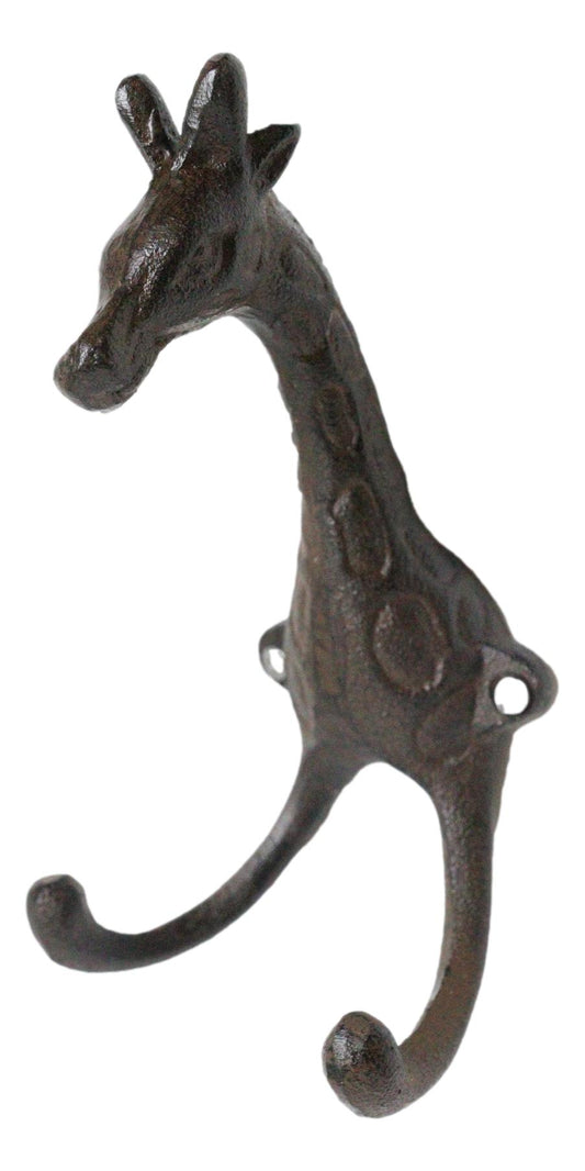 Pack Of 2 Cast Iron Safari Masai Giraffe Head Decor Double Wall Coat Towel Hooks - Ebros Gift