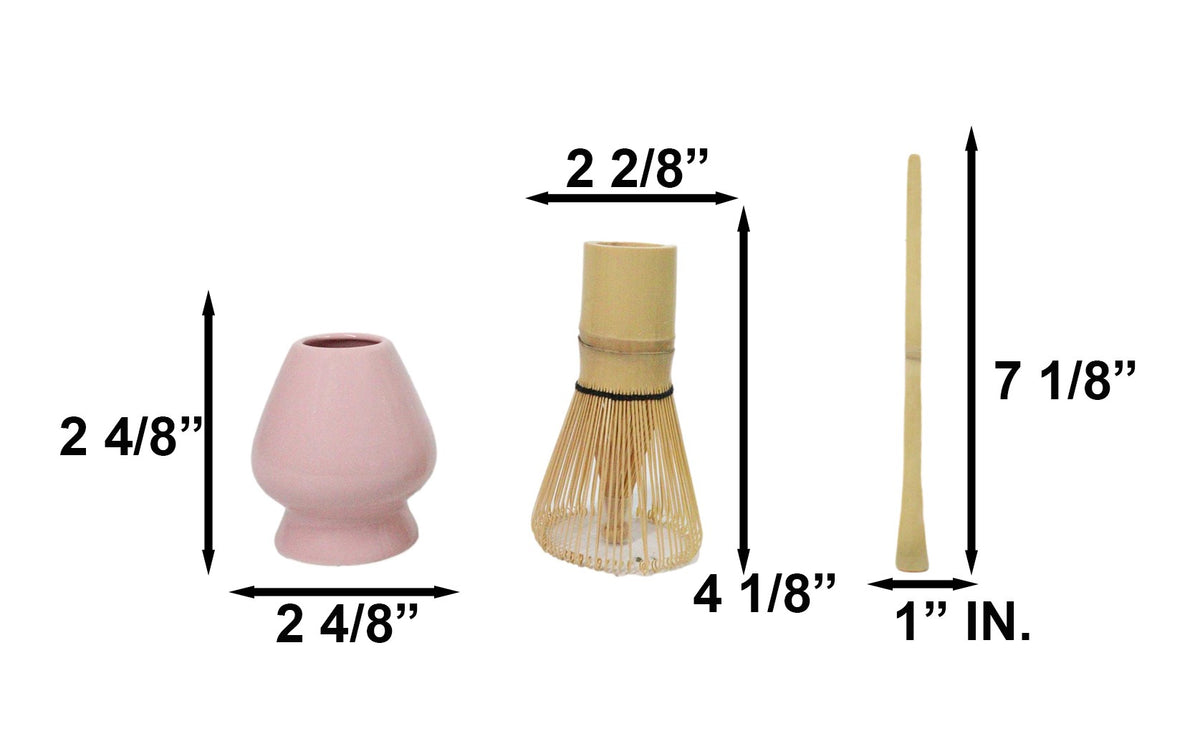 Ebros Pink 3 Piece Matcha Whisk Bamboo Chasen Scoop And Ceramic Stand Set
