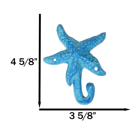 Pack Of 4 Cast Iron Rustic Blue Starfish Sea Stars Wall Hanger Coat Towel Hooks - Ebros Gift