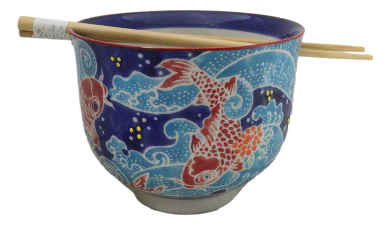 Auspicious Red Koi Fishes In Blue Waters Donburi Ramen Bowl With Chopsticks Set