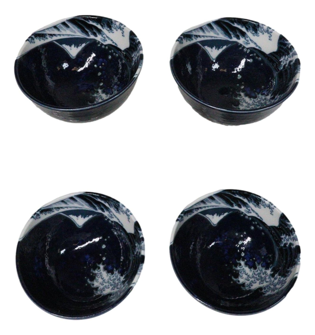 Set Of 4 Blue Japanese Hokusai Great Wave Porcelain Soup Rice Dessert Bowls 11oz