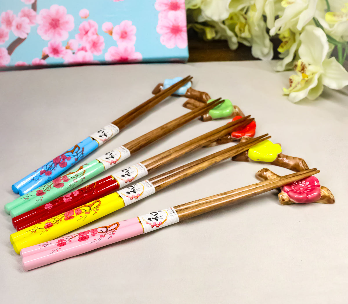 5 Pairs Of Ume Plum Blossoms On Branch Ceramic Rests With Wooden Chopsticks Set