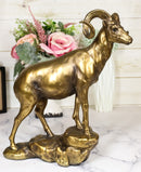 Large Country Wildlife Bighorn Sheep Ram Climbing On Rock Statue In Gold Patina