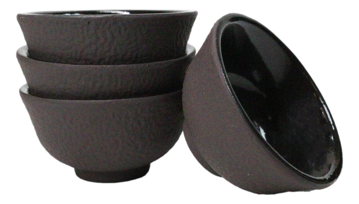 Brown Textured Surface Japanese Tetsubin Style Cast Iron Mini Tea Cups Set of 4