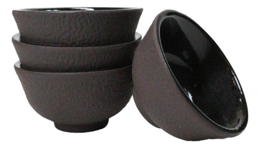 Brown Textured Surface Japanese Tetsubin Style Cast Iron Mini Tea Cups Set of 4