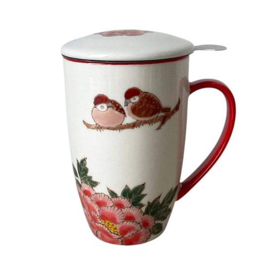 Twin Sparrows Peony 15oz Porcelain Tea Mug With Lid & Stainless Steel Infuser