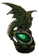 Metallic Green And Gold Dragon Guarding Faux LED Crystal Faux Geode Figurine