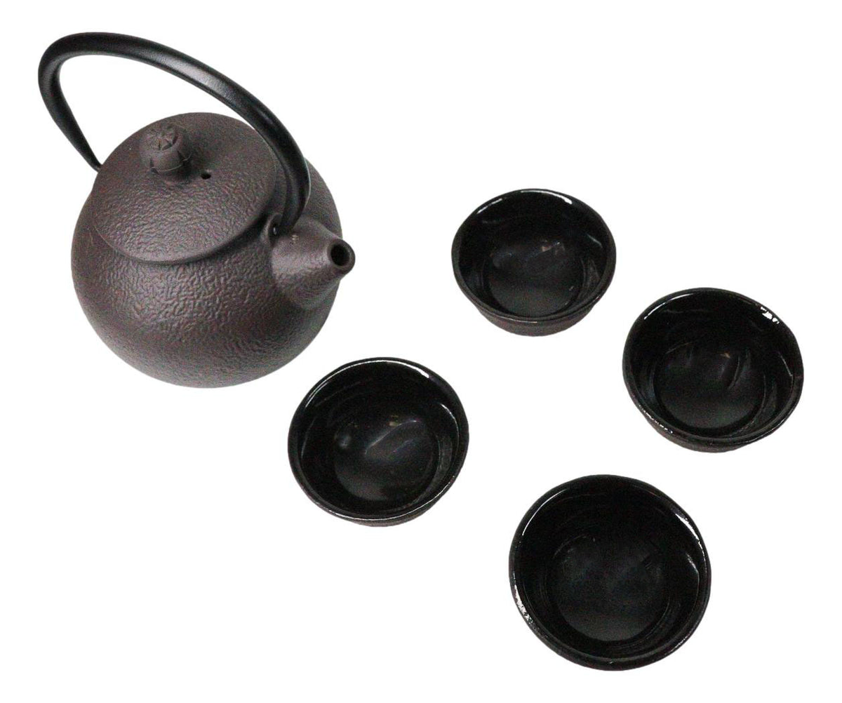 Round Dark Brown Textured Petite Cast Iron Teapot 10oz With 4 Mini Tea Cups Set