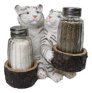 Siberian Snow White Tiger Couple Salt and Pepper Glass Shakers Holder Figurine