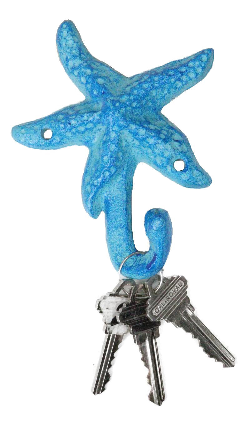 Pack Of 4 Cast Iron Rustic Blue Starfish Sea Stars Wall Hanger Coat Towel Hooks - Ebros Gift
