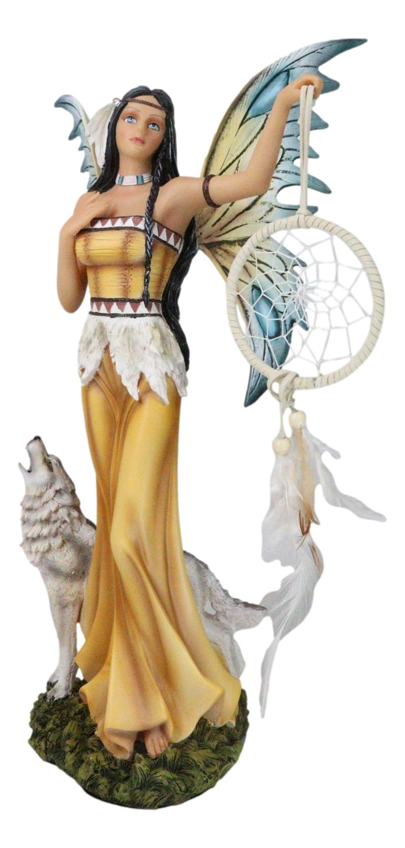 Large Native Indian Fairy Pocahontas Holding Dreamcatcher With Grey Wolf Statue