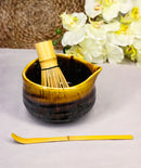 Brown Black Waterfall Ceramic Japanese Matcha Green Tea Bowl Whisk & Scoop Set