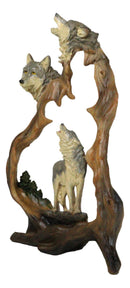 Large Rustic Howling Wolf Bust With Wolf Pack Family In Forest Scene Figurine