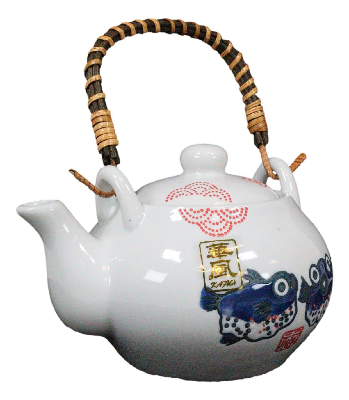 Japanese Blow Puffer Fish White Ceramic Tea Pot and Cups Set Serves 2