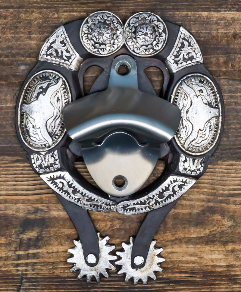 Rustic Western Cowboy Boot Spur With Silver Longhorn Conchos Wall Bottle Opener